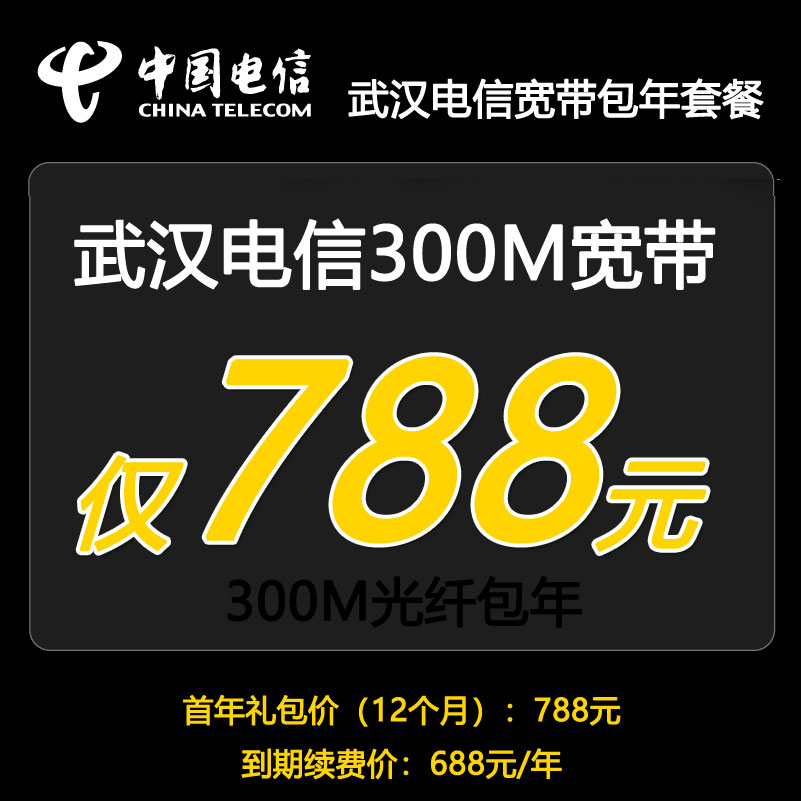 武汉电信宽带包年套餐300M包年低至788(电信营业厅办理安装)